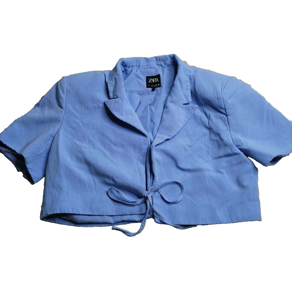 ZARA Blue Cropped Blazer Women's Large Tie Front